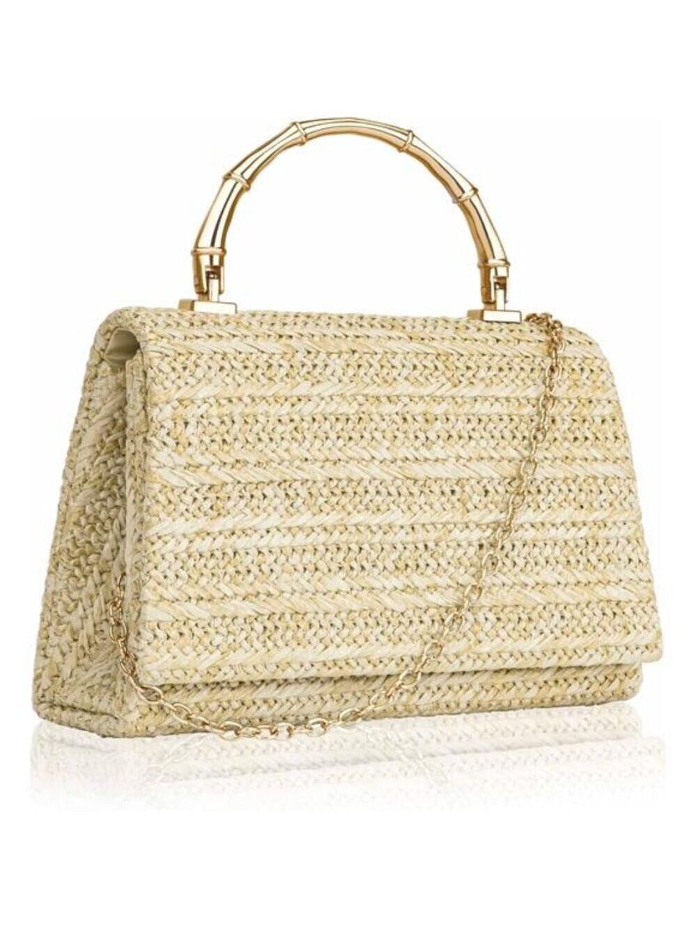 Straw Woven Bamboo Handle Purse Crossbody Beach Bag Summer Boho Clutch